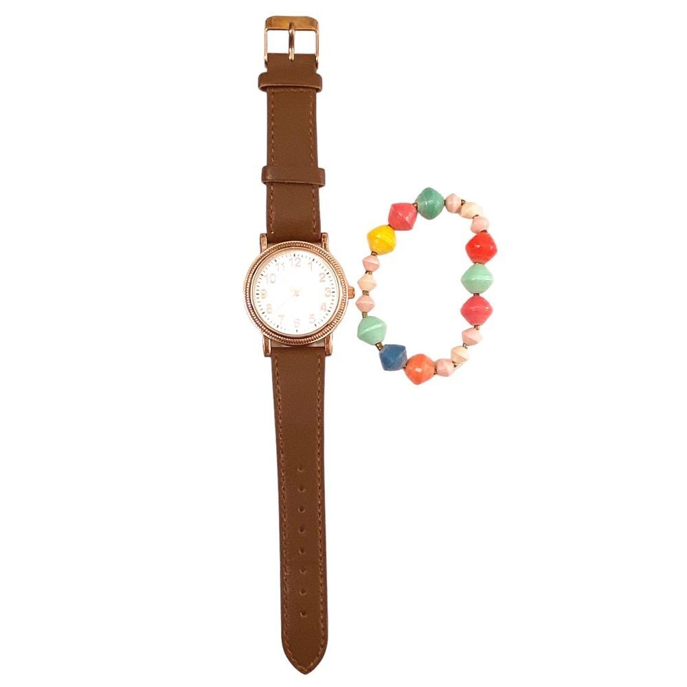 Gold Faux Leather Fashion Watch with 31 Bits Handmade Beaded Bracelet Stack Boho